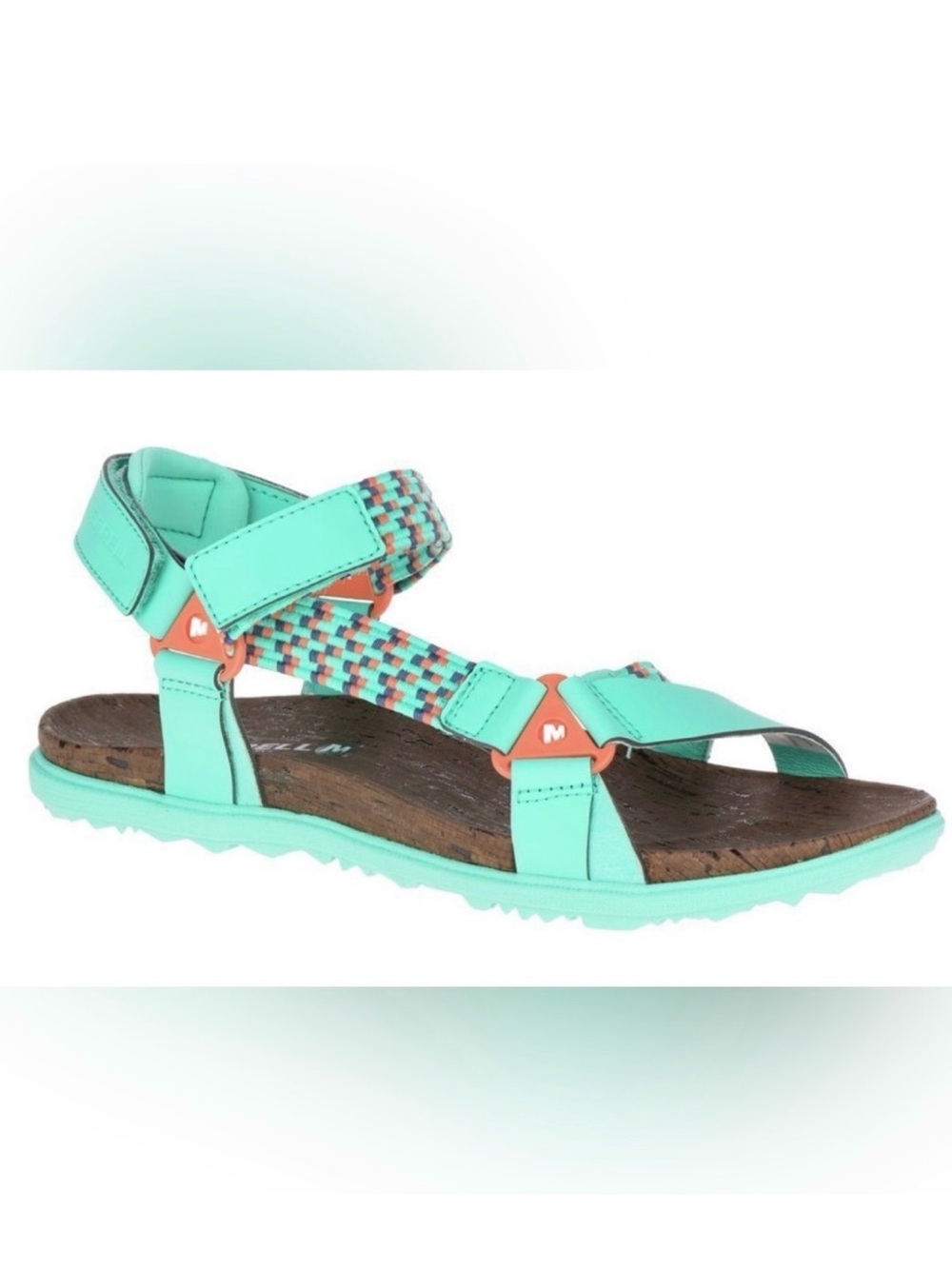 Merrell Women's Aqua Mint Coral Accent Sport Sandals with cork insole Velcro